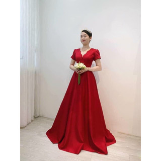 Đầm maxi mặc cưới cổ V gợn sóng TRIPBLE T DRESS tay ngắn phồng - size S/M/L - MS114Y