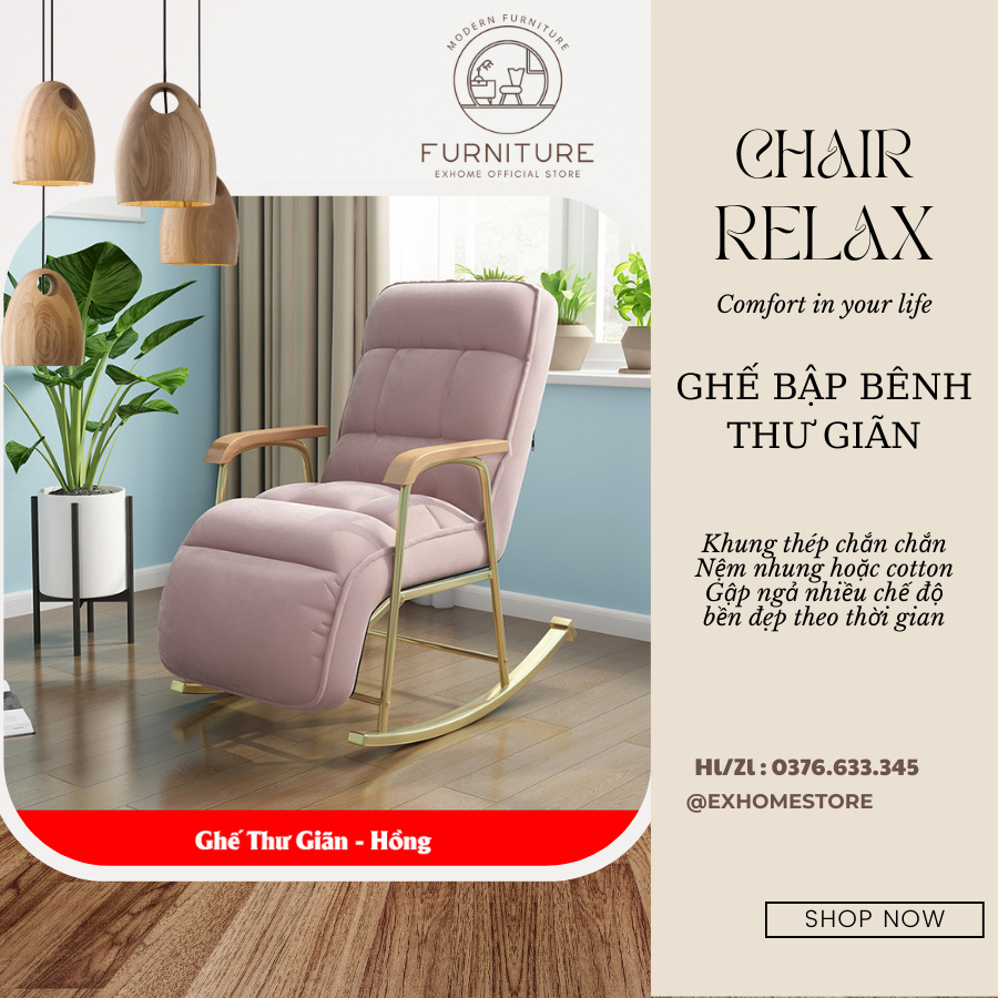 Ghế thư giãn , Ghế bập bênh nghỉ trưa ,thư giãn đọc sách , Khung Sắt Không Gỉ, nệm có thể tháo rời