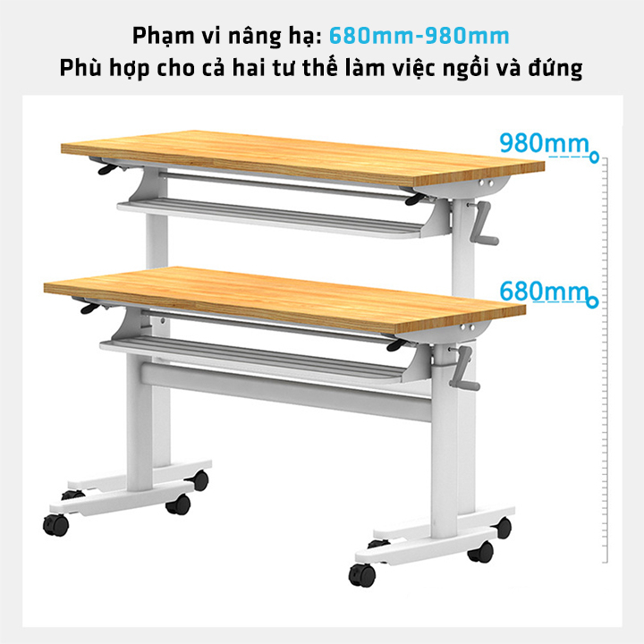 Bàn làm việc gấp gọn , nâng hạ có ngăn kéo dài 120cm , Có bánh xe di chuyển linh hoạt khóa bánh xe thông minh