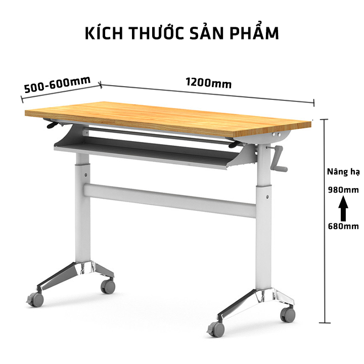 Bàn làm việc gấp gọn , nâng hạ có ngăn kéo dài 120cm , Có bánh xe di chuyển linh hoạt khóa bánh xe thông minh