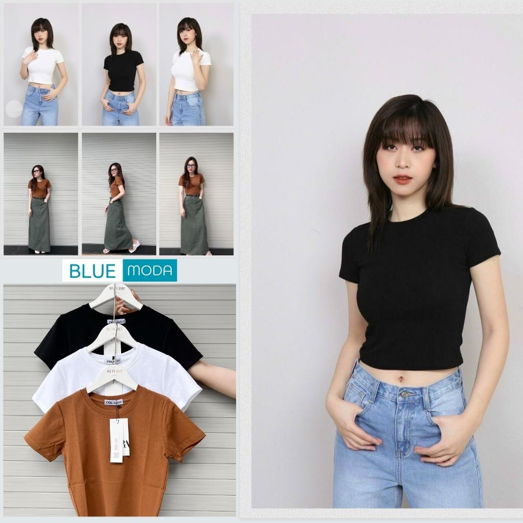 Áo croptop nữ cổ tròn cọc tay trơn vải cotton bozip cao cấp co giãn thoáng mát ôm body BlueModa214A