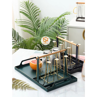 Giá úp ly cốc sơn tĩnh điện quai gỗ sang trọng cam homeware