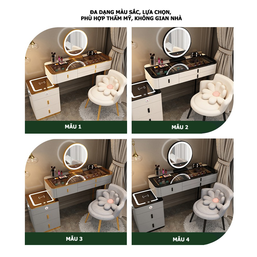 (CAO CẤP)Bàn Trang Điểm Thông Minh Có Đèn Led Kèm Tủ Đầu Giường Đa Chức Năng - Có Loa Bluetooth + Khoá Vân Tay Bảo Mật