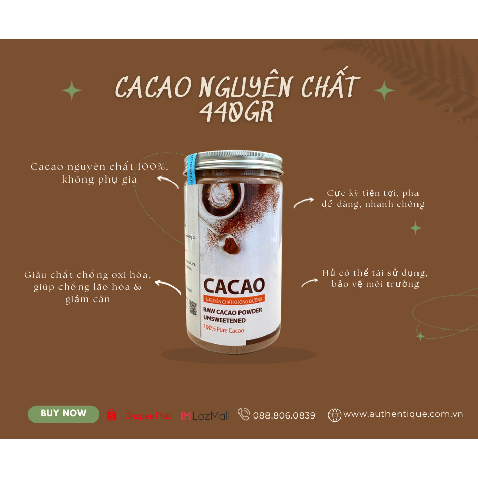 Bột Cacao Nguyên chất Không đường - Hũ 440gr - Hỗ trợ đẹp da, giữ dáng | Authentique Cacao