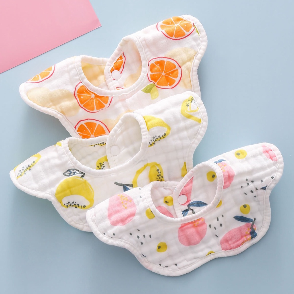 Khăn yếm tròn xoay 360 độ chất liệu vải xô 8 lớp có cúc bấm siêu mềm mịn dày dặn thấm hút tốt nhiều màu sắc đáng yêu