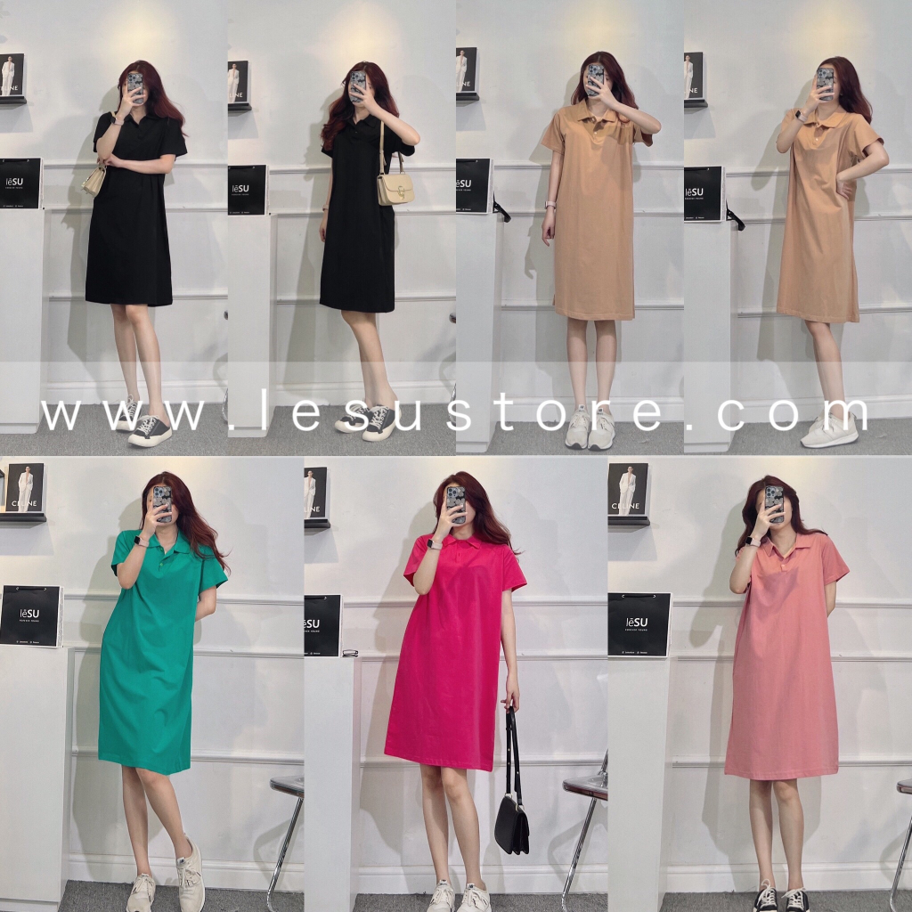 ẢNH TỰ CHỤP Đầm midi thun polo suông trơn TN