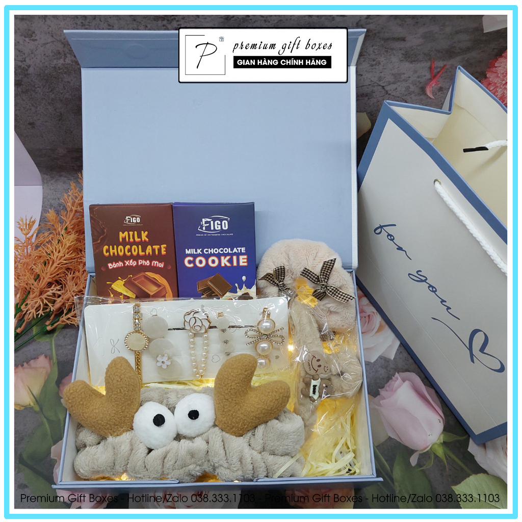 Quà tặng sinh nhật bạn trai/gái Valentine, 8/3 Hộp quà kèmTúi xách, Socola+Băng đô tai gấu cute