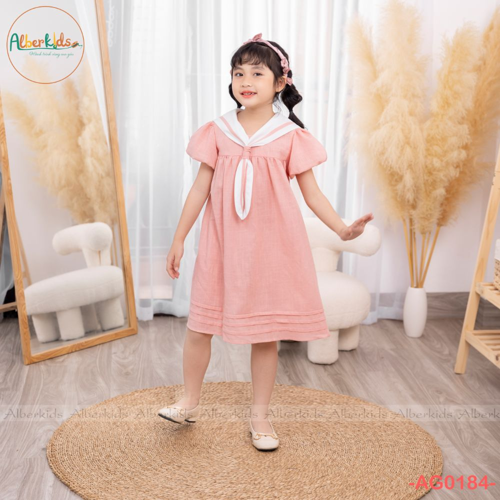 Váy bé gái ALBERKIDS xanh cổ trắng phối nơ công chúa xinh đẹp cho trẻ em 2,3,4,5,6,7,8,9,10,11,12 tuôi [AG0184 ]