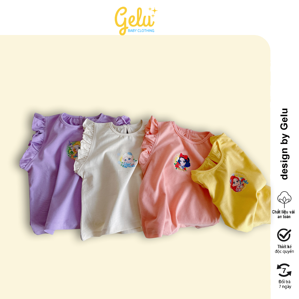 Áo ba lỗ sát nách bé gái Gelu kids, tay bèo in hình công chúa, chất liệu cotton mềm mát A023