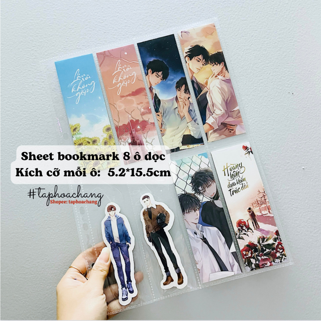 Sheet khổ A4 lưu trữ postcard, bookmark, card bo góc, huy hiệu, móc khoá, phụ kiện sách truyện đam mỹ ngôn tình nhiều lo