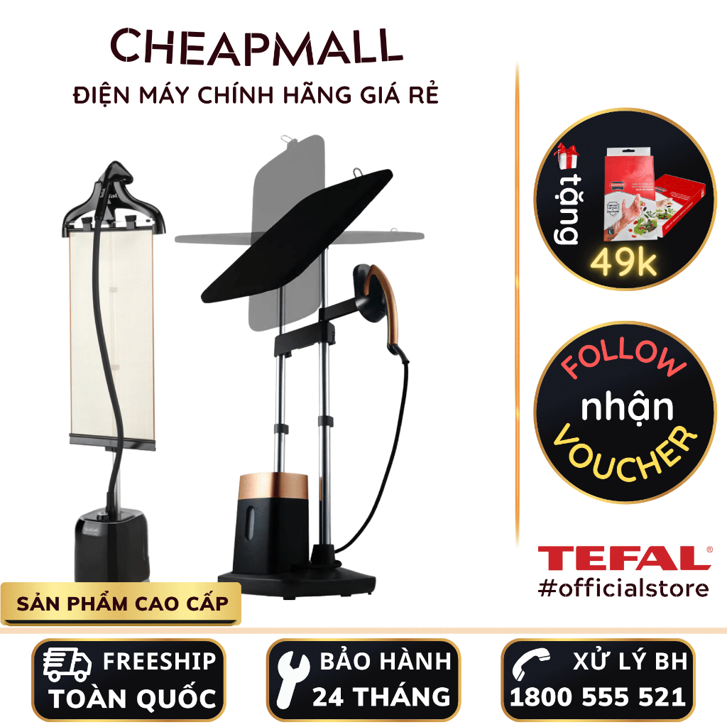 Bàn ủi hơi nước đứng Tefal cầm tay có giá treo, lực phun 30-90g/Phút dung tích lớn giúp khử mùi hôi quần áo - CheapMall