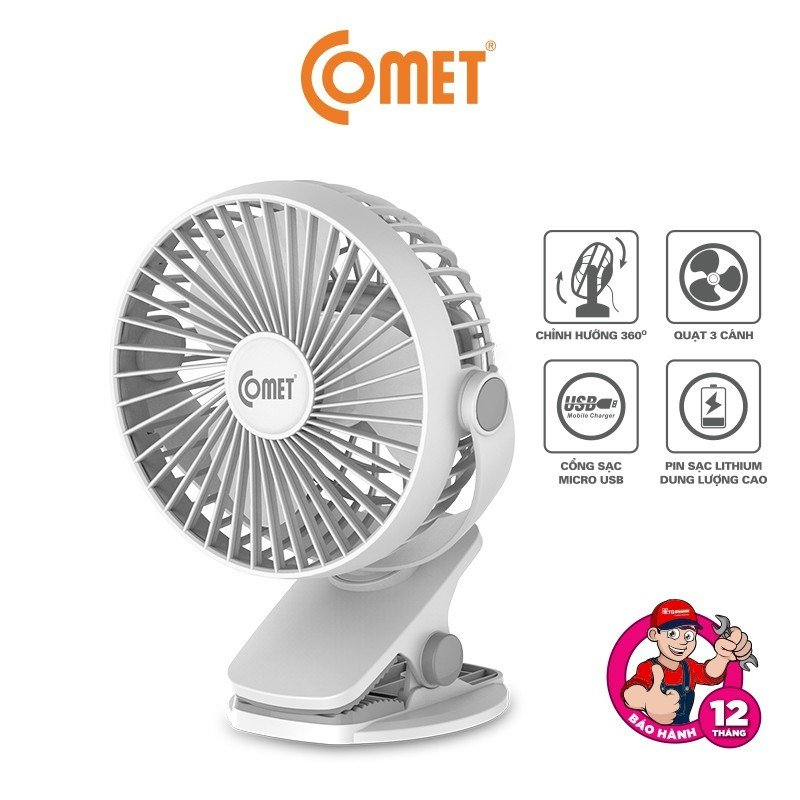 Quạt Sạc Tích Điện Mini Kẹp Bàn Comet CRF0705 5W Đế Kẹp Xe Đẩy Hoặc Để Bàn Xoay 360 Độ