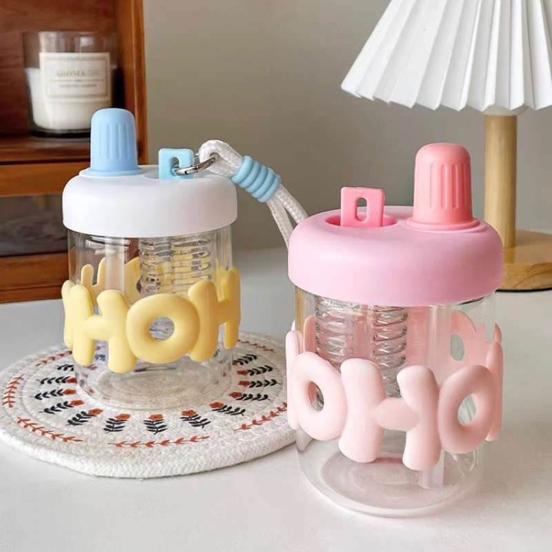 Bình nước giữ nhiệt thủy tinh HoHo kèm ống lọc sticker nổi cực yêu ( video thực tế )