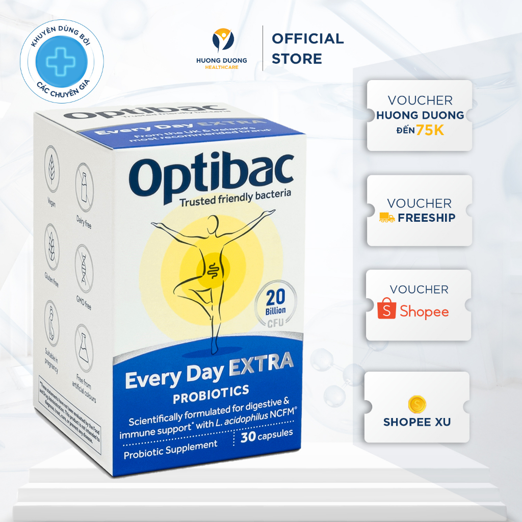 Men vi sinh Optibac Probiotics Every Day EXTRA, hỗ trợ cho đường ruột, đại tràng với 20 tỷ lợi khuẩn, Hộp 30 viên