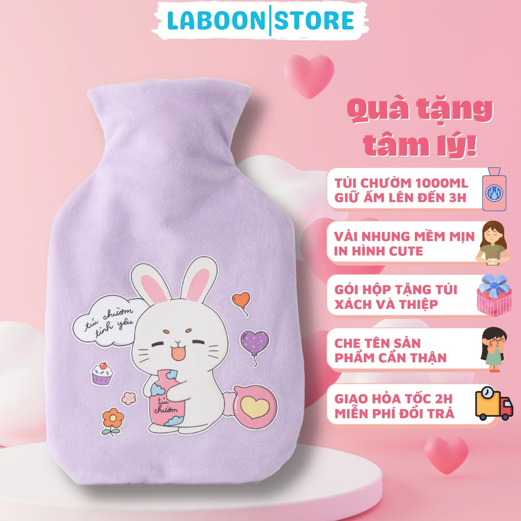 Túi chườm đa năng Laboon, phiên bản hình thỏ tím 1000ml dễ thương tiện lợi cho bạn nữ