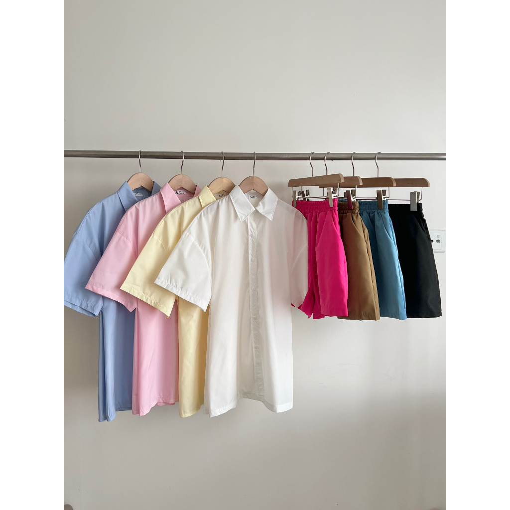 Set sơ mi nhiều màu cộc khuy eo kèm short, set sơ mi thắt eo hottrend