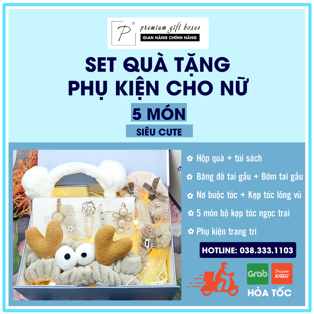 Quà tặng sinh nhật bạn trai/gái Valentine, 8/3 Hộp quà kèmTúi xách, Socola+Băng đô tai gấu cute
