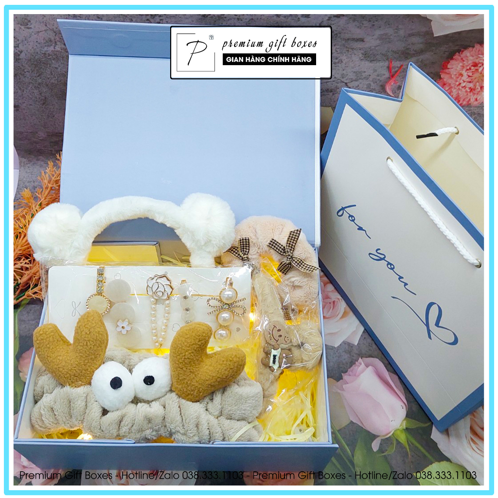 Quà tặng sinh nhật bạn trai/gái Valentine, 8/3 Hộp quà kèmTúi xách, Socola+Băng đô tai gấu cute