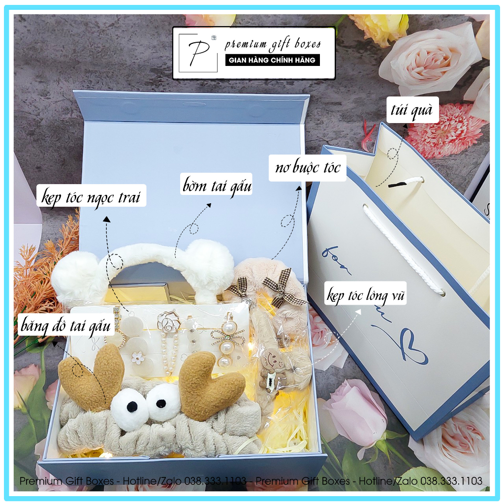 Quà tặng sinh nhật bạn trai/gái Valentine, 8/3 Hộp quà kèmTúi xách, Socola+Băng đô tai gấu cute