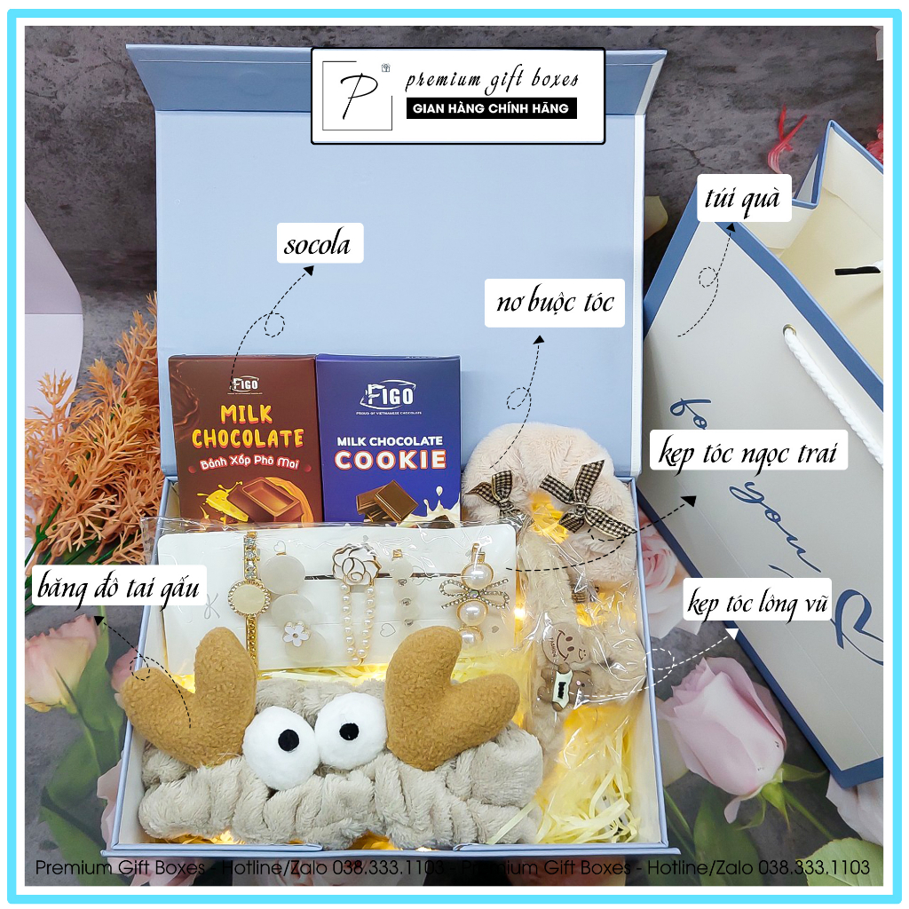 Quà tặng sinh nhật bạn trai/gái Valentine, 8/3 Hộp quà kèmTúi xách, Socola+Băng đô tai gấu cute