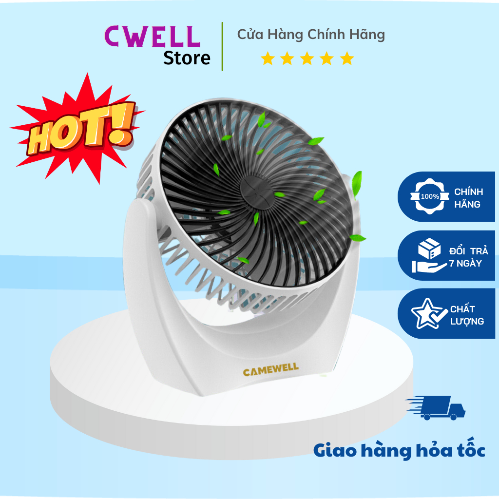 Quạt mini để bàn, quạt tích điện CameWell động cơ không tiếng ồn, xoay 210 độ, pin khủng, bán chạy 2022 Cwell Store