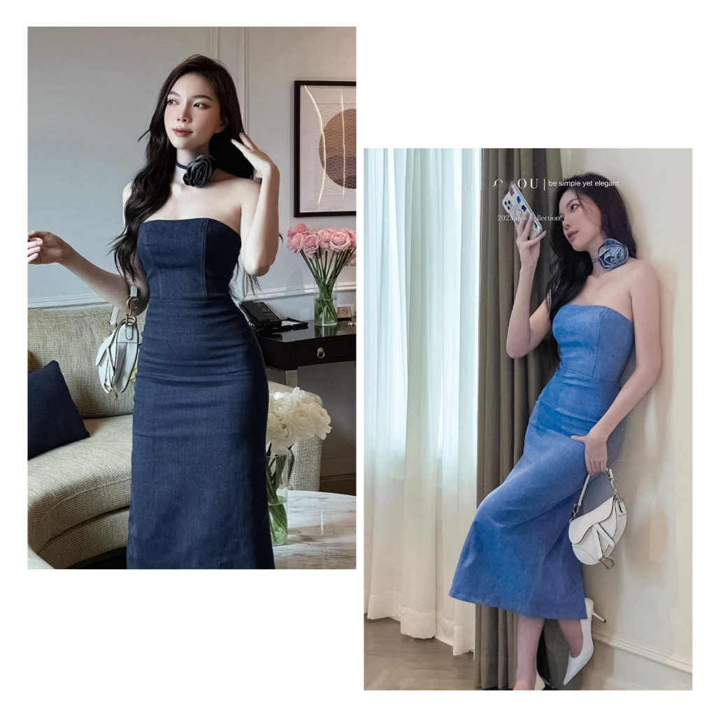 Đầm midi ống ôm body jean 2 màu kèm hoa cổ Freesize Venus Closet - SR185