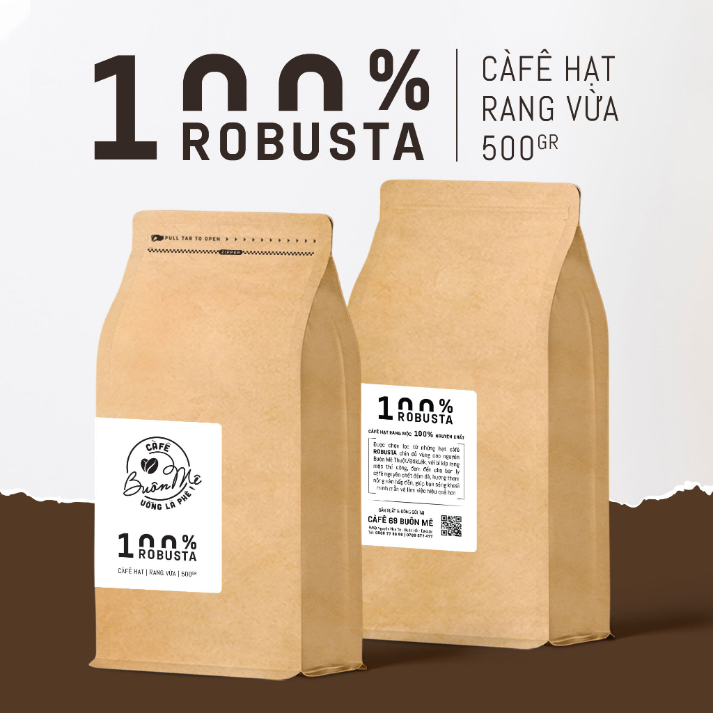 Cà phê hạt Robusta rang mộc nguyên chất 69 BUÔN MÊ 250g/500g