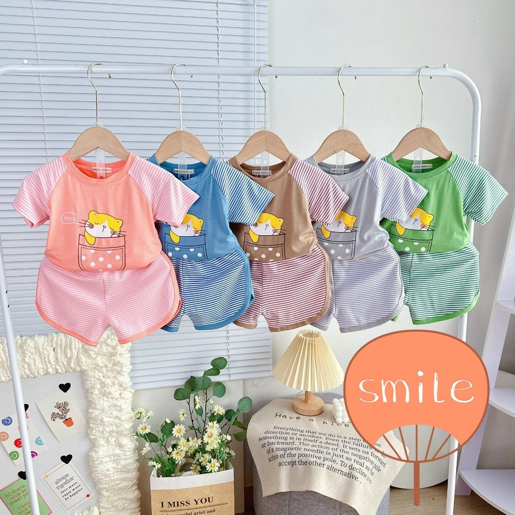 Bộ Cộc Tay Bé Trai Bé Gái Minky Mom Chất Thun Lạnh Hoạ Tiết Mèo Con Đáng Yêu, Đồ Bộ Mặc Nhà Cho Bé M074