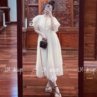 Váy maxi dập ly cổ bèo buộc nơ