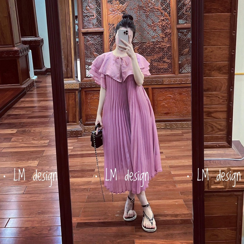Váy maxi dập ly cổ bèo buộc nơ