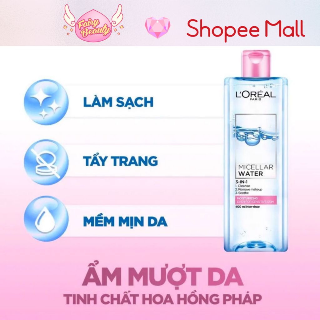 [L'OREAL PARIS] Nước Tẩy Trang Cho Da Khô Nhạy Cảm Giúp Sạch Sâu Ẩm Mịn Micellar Water 3-in-1 Moisturizing 400/95ml