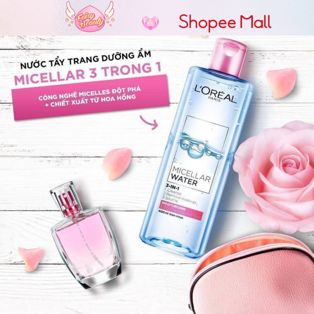 [L'OREAL PARIS] Nước Tẩy Trang Cho Da Khô Nhạy Cảm Giúp Sạch Sâu Ẩm Mịn Micellar Water 3-in-1 Moisturizing 400/95ml