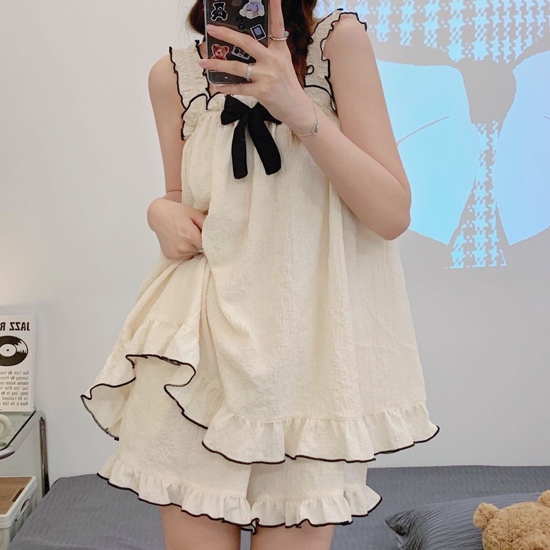 Bộ mặc nhà nữ mùa hè, bộ ngủ 2 dây đính nơ dễ thương, pijama hai dây nữ thời trang mùa hè