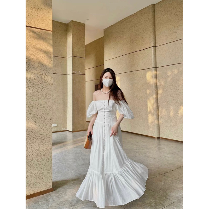 ĐẦM MAXI TRẮNG TAY PHỒNG PHỐI NÚT LAI BÈO