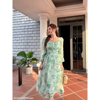 gv347- đầm xoè hoa xanh, chất voan tơ lót