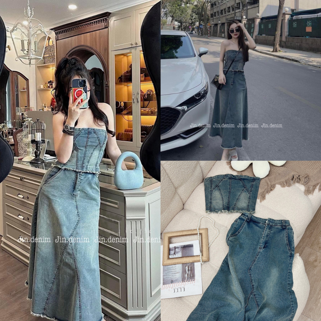 Set váy đầm jean bò denim cúp ngực, áo quây ngực chun lưng, chân váy dáng dài cao cấp 011