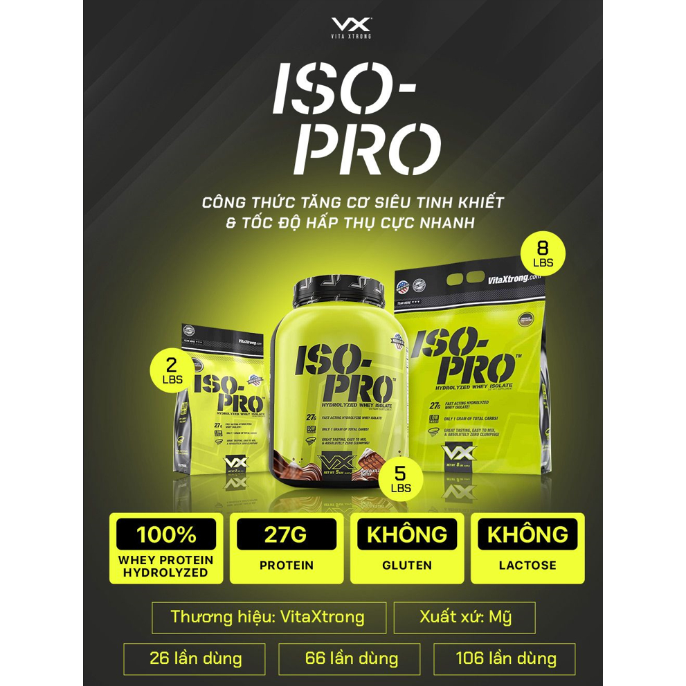 Sữa tăng cơ siêu tinh khiết VitaXtrong ISO PRO - Hydrolyzed Whey Isolate, 2 Lbs  nhập khẩu Mỹ - Gymstore