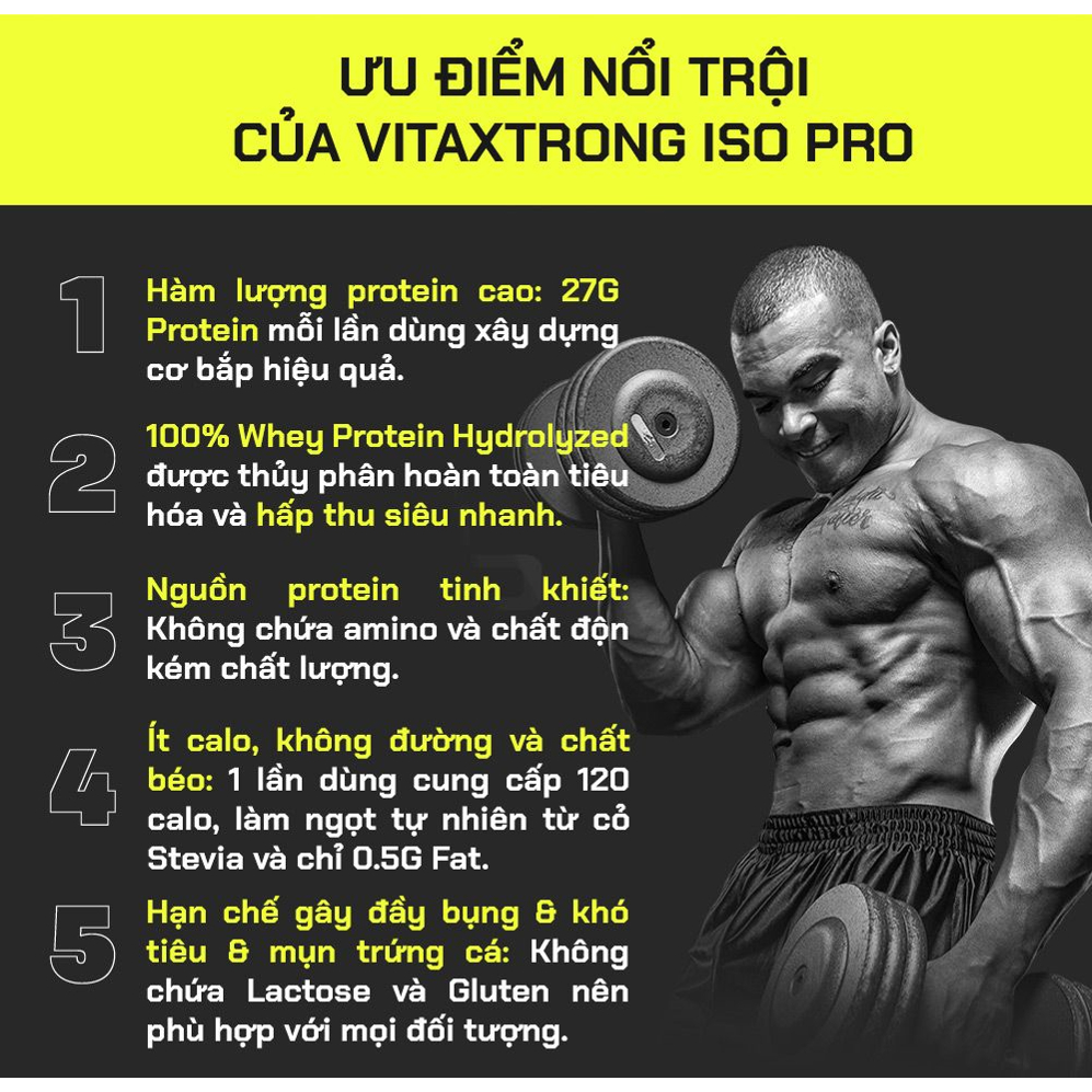 Sữa tăng cơ siêu tinh khiết VitaXtrong ISO PRO - Hydrolyzed Whey Isolate, 2 Lbs  nhập khẩu Mỹ - Gymstore