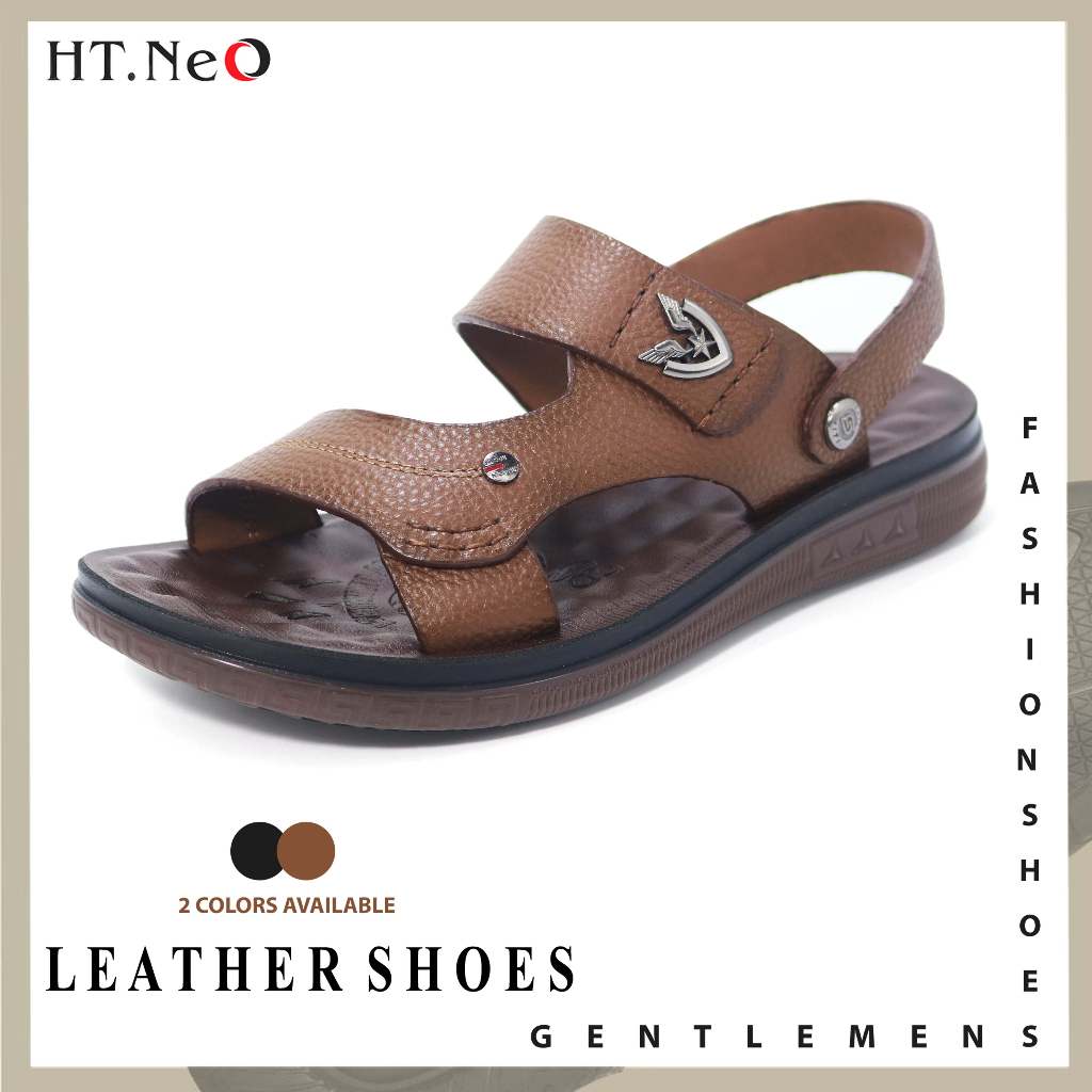 Sandal nam da bò lót đệm massage HT.NeO , Dép nam quai hậu đế kếp cao 3,5cm êm mềm phong cách mùa hè thoáng mát SDN56