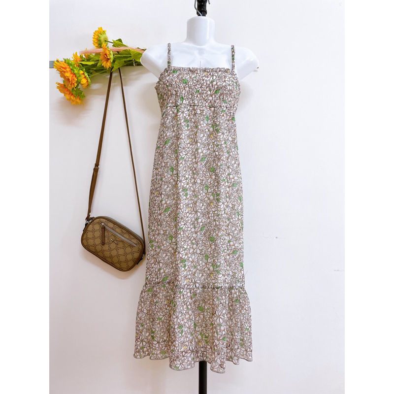 [2hand] Đầm Dây Voan Hoa, Nhún Phần Ngực, FREESIZE, #2hand