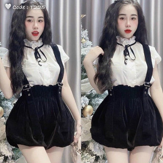 Set áo sơmi voan kèm quần short yếm bí nhung phồng - Bộ 2 món sơmi cột nơ kèm quần bí