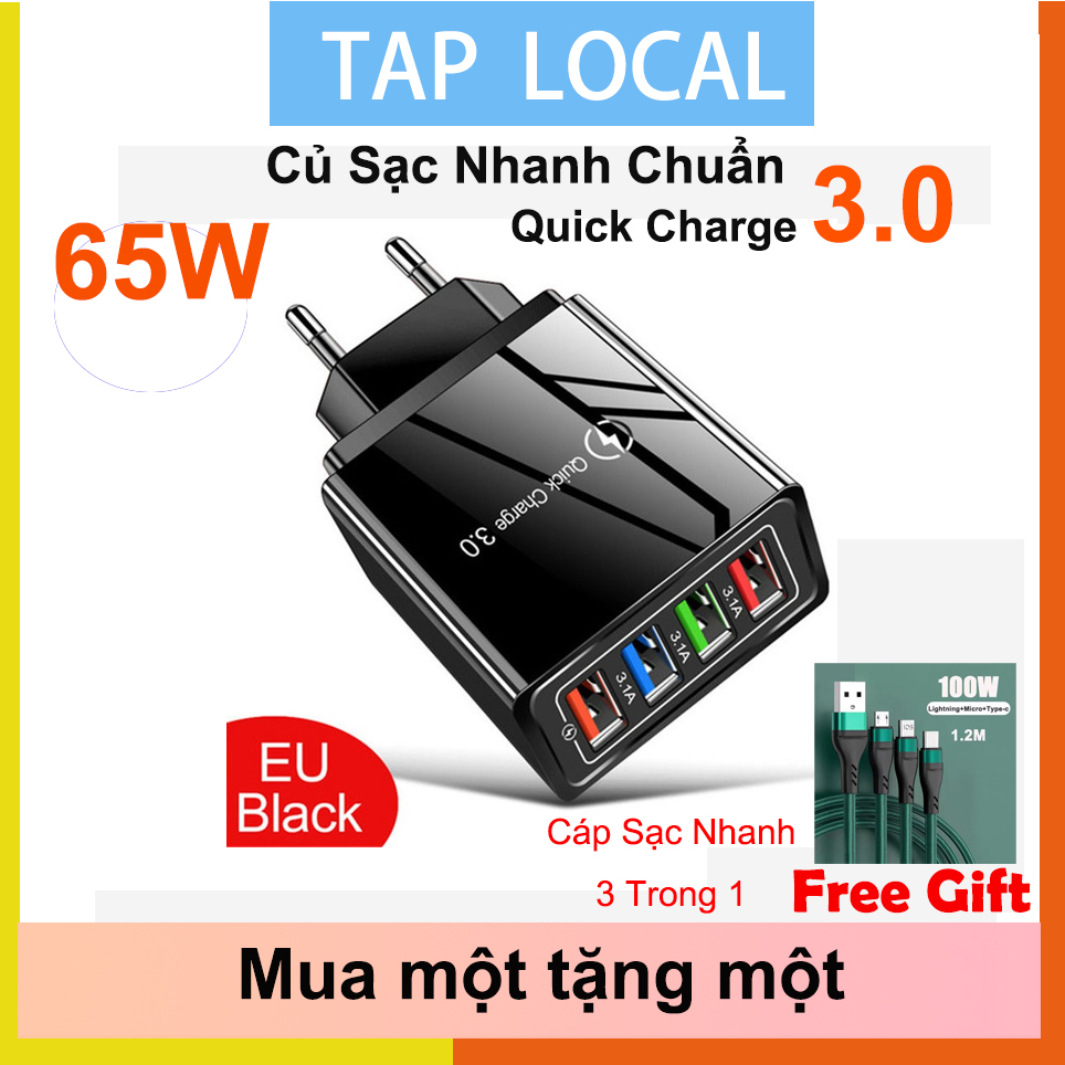 Bộ Chuyển Đổi Sạc Nhanh Gắn Tường EU Phích Cắm Chuẩn 65W 4 Cổng USB 3.0 Sạc for iPhone Bộ Chuyển Đổi Di Động Bộ Sạc Điện