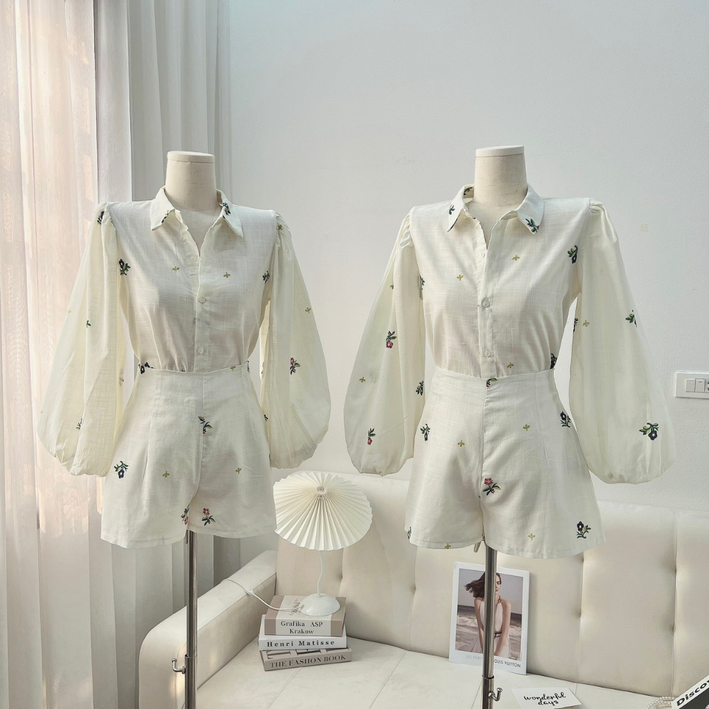 Set Sơ Mi Hoa Nổi Mix Quần Sooc, Tay Bồng Vải Hoa Thô Đũi Nổi