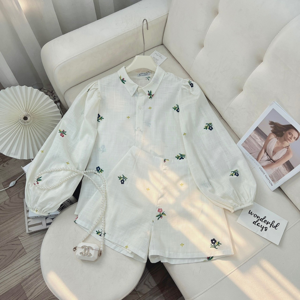 Set Sơ Mi Hoa Nổi Mix Quần Sooc, Tay Bồng Vải Hoa Thô Đũi Nổi