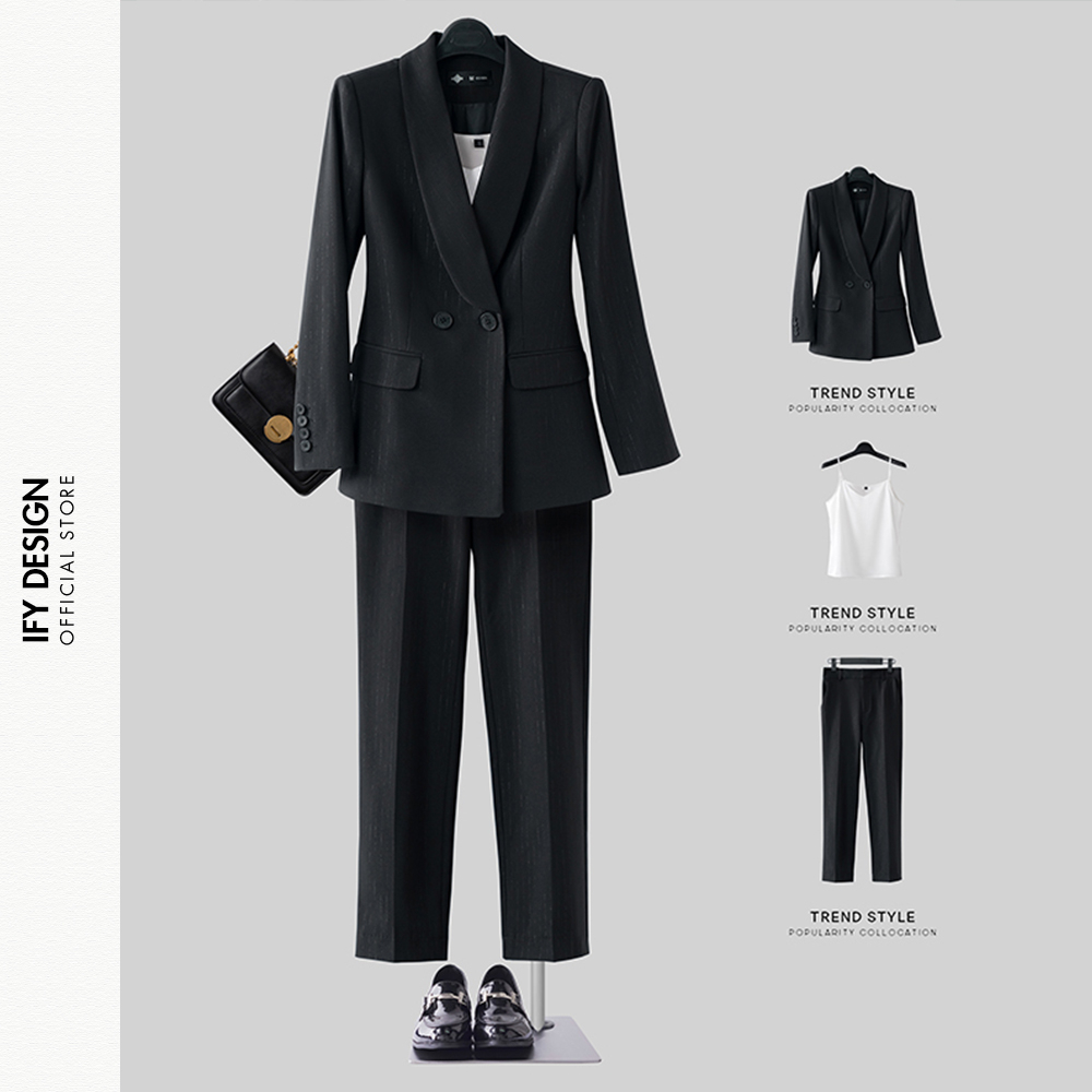Áo vest nữ blazer thiết kế cổ sam cao cấp đính cúc tay, quần baggy chính hãng IFY DESIGN - AO0097 QU0062