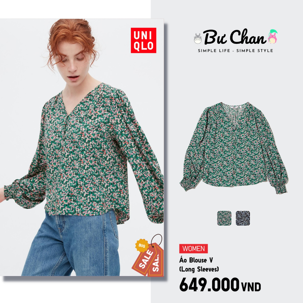 Áo Blouse UNIQLO❤️Nhật Cổ V Dài Tay Họa Tiết Hoa Bồng Mềm Mại - 454356