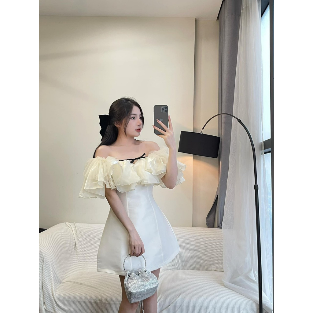 Váy trễ vai dự tiệc dáng chữ A, Đầm công chúa dự tiệc trễ vai nơ ngực siêu xinh