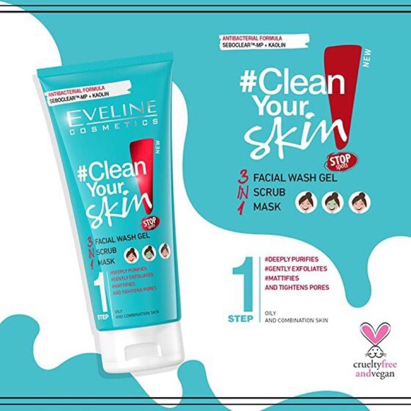 Gel rửa mặt sạch sâu ngừa mụn Eveline 3 trong 1 Clean Your Skin 200ML