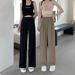 Quần ống rộng nữ chất vải ruby mềm mịn rũ quần cạp cao hai li trước cách điệu