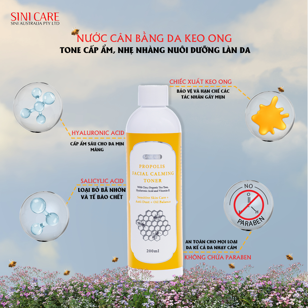 Nước cân bằng làm dịu da keo ong SINICARE PROPOLIS FACIAL CALMING TONER 200ml